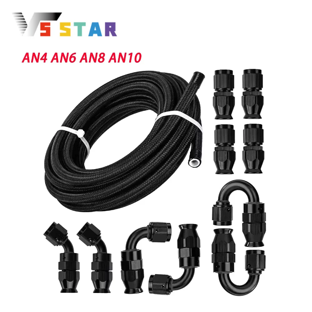 

AN4 AN6 AN8 AN10 20FT Высококачественная топливная линия из нержавеющей стали и нейлона из ПТФЭ черного цвета с 10 фитингами, комплект шлангов E85 черный TF-1054