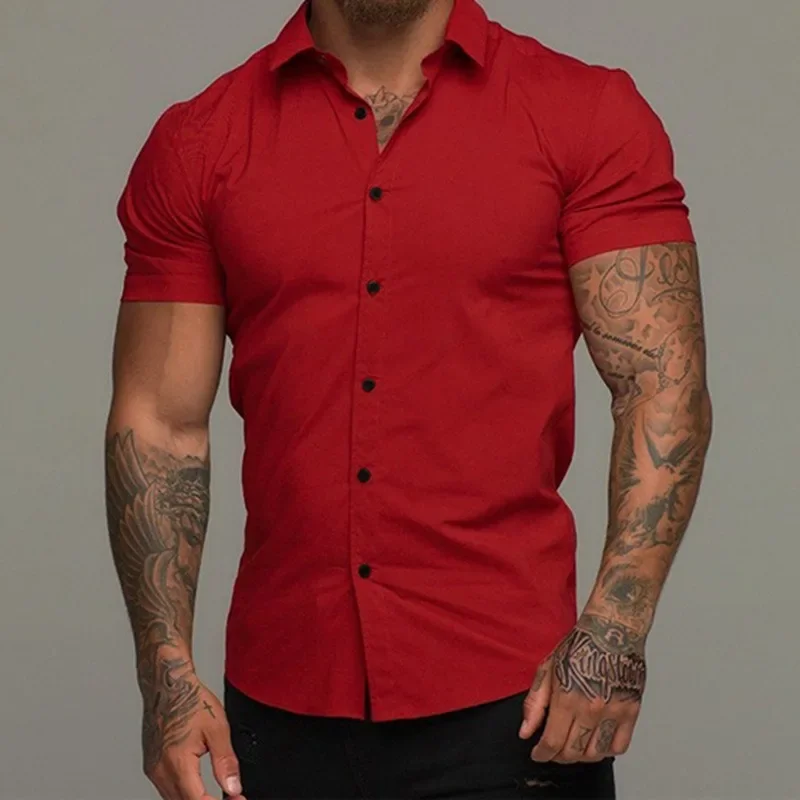 2024 Summer New Men\'s Fitness Short Sleeved Polo Neck Shirt Elastic Thin Solid Sports Casual Cardigan Business No Iron Shirt