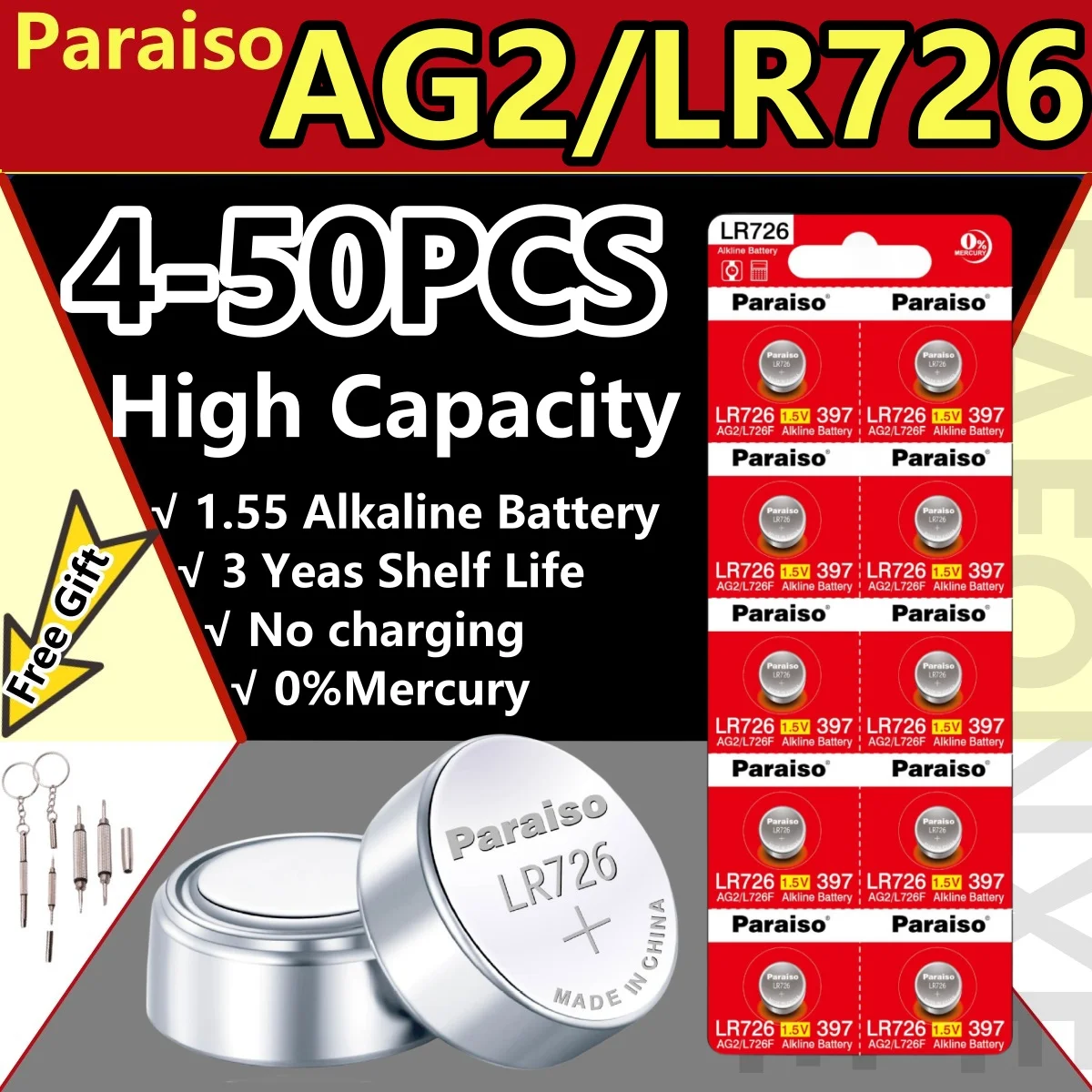 

2-50pcs Paraiso Alkaline Battery AG2 LR726 SR726SW 10 Years Shelf Life 0% Mercury Silver Oxide Button Cell Watch Batteries 1.5V