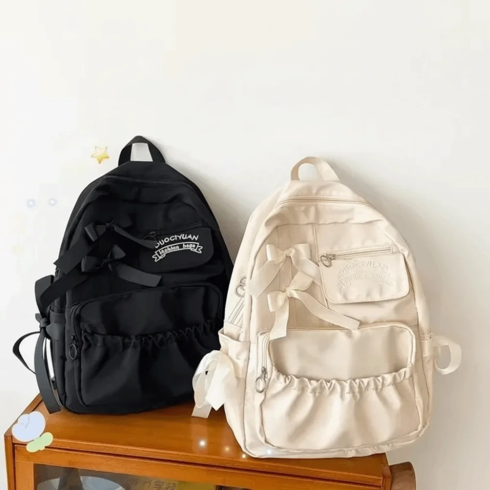 Tas Ransel Kanvas Manis dengan Pita, Kapasitas Besar, Gaya Harajuku, Tas Sekolah untuk Pelajar, Tas Penyimpanan, Tas Selempang Kanvas Gaya Kuliah, Tas Travel