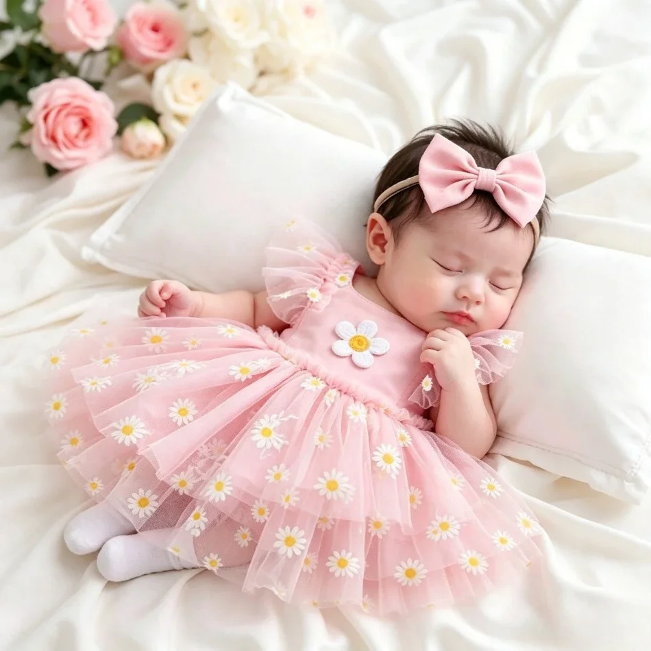 Baby Girl Daisy Tutu Romper Sleeveless Tulle Skirt Bodysuit with Bow Headband Summer Newborn Outfit Flower Girl Outfit ZYD47