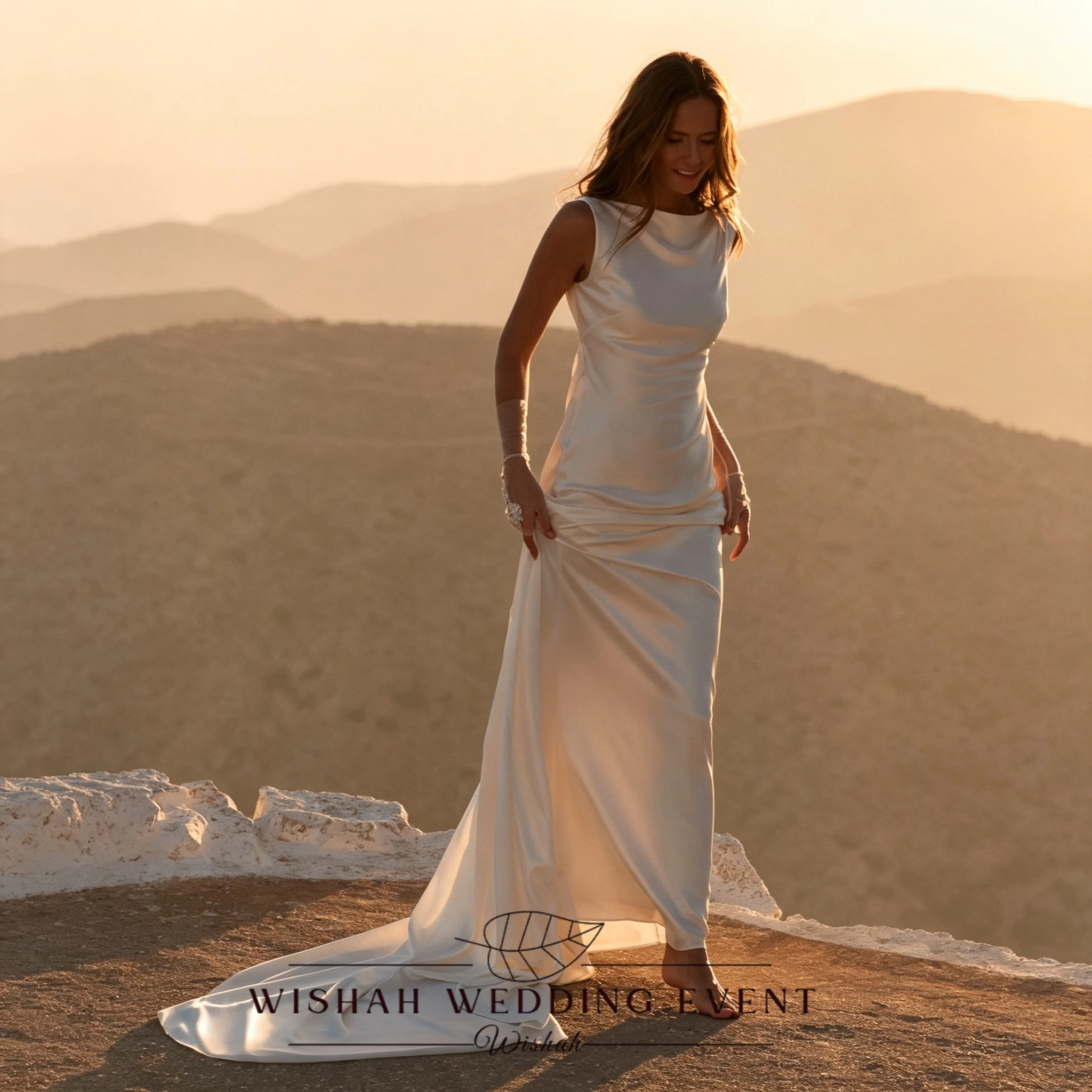 Wishah Customized Mermaid Satin Lvory Elegant Simple Wedding dress Halter Neck Sleeveless Backless Floor Length Bridal Gowns
