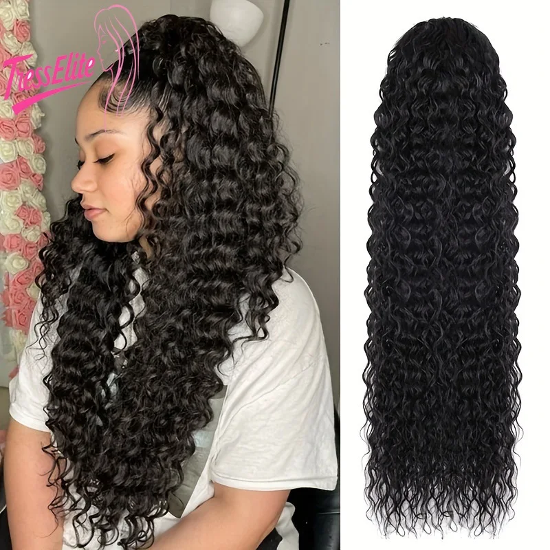 여성용 탄성 물결 드로스트링 포니테일 30인치 리얼 인모 붙임머리, 자연스러운 볼륨과 스타일을 위한 조절 가능한 스트랩 포함