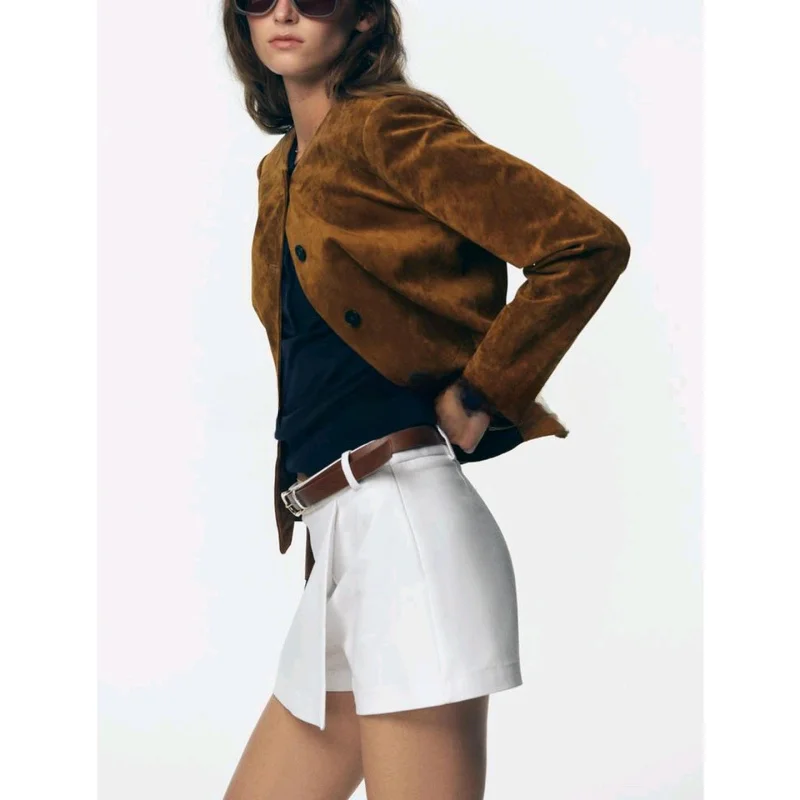 

Women's Casual High Waist Loose ort Skirt with Belt Autumn New Arrival Double Breasted A-Line Polyester Fiber Stand Fit