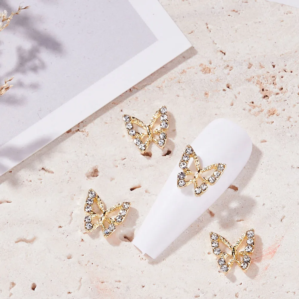 -abalorios para uñas de aleación de mariposa, 10 Uds., 3D, oro/plata, mariposa, cristal, diamantes de imitación, joyería para uñas, accesorios de decoración artística para uñas DIY