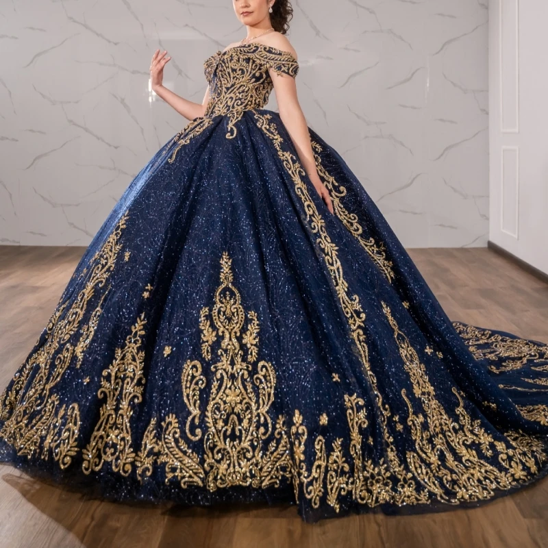 

Navy Blue Shiny Quinceanera Dresses Off Shoulder Ball Gown Sweet 16 Dress Gold Applique Lace Beading Tull Corset Birthday Party