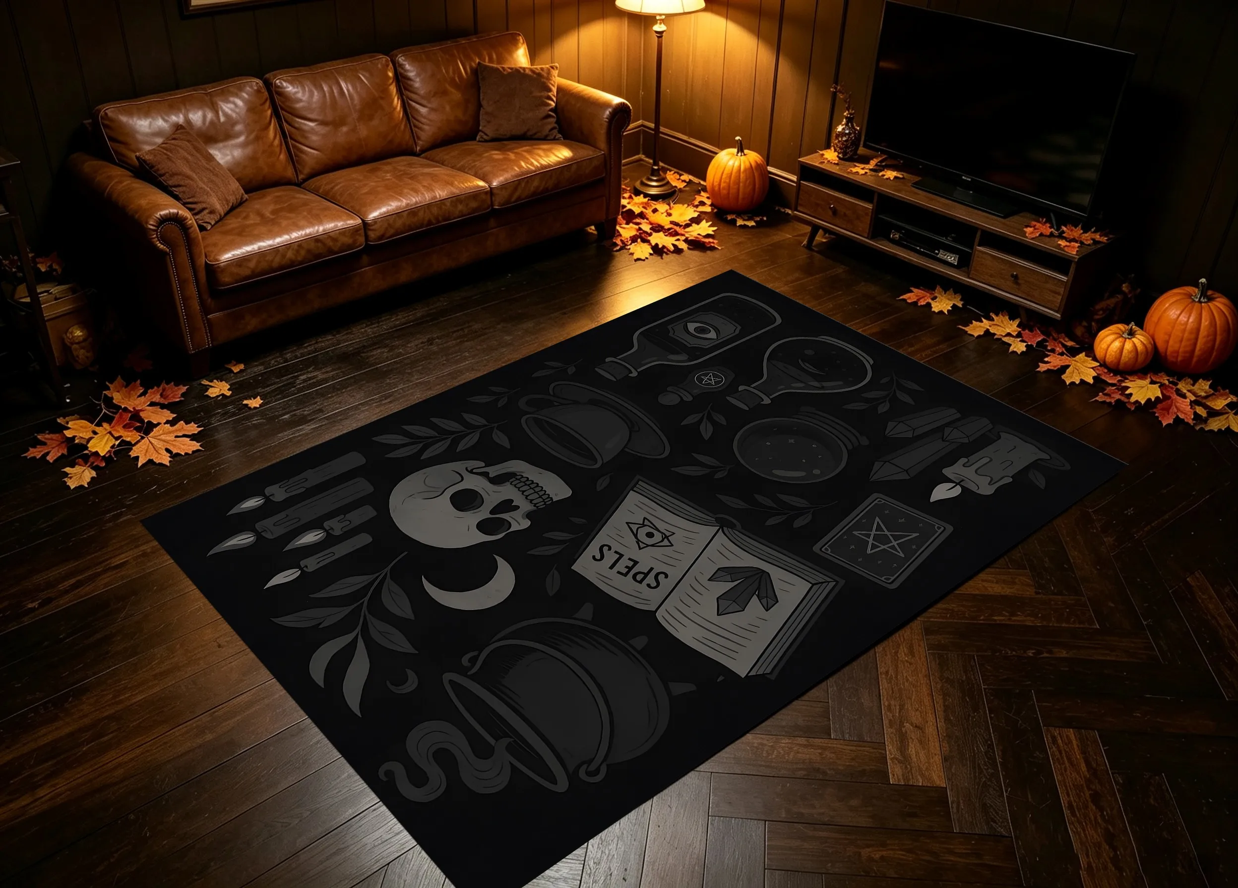 Velvet Rug Dark Skull Magic Prop Spells Slogan Gothic Style for Entryway Bedroom Party Decor