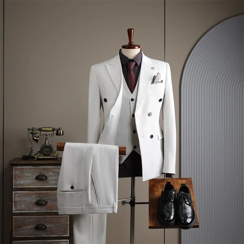 High-end Double-breasted Striped Suit for Men Casual Groom Wedding Dress