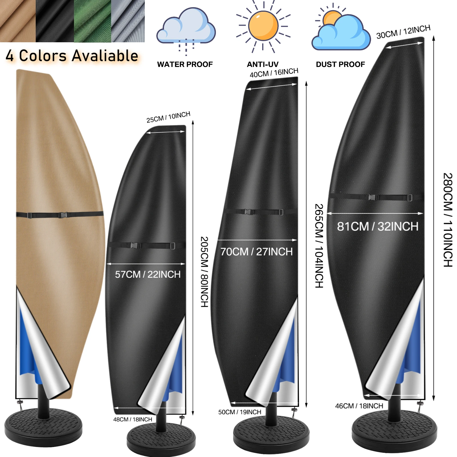 205-280cm Outdoor Umbrella Waterproof Parasol Cover Banana Style with Zipper for Patio Garden Cantilever Umbrella UV Protection