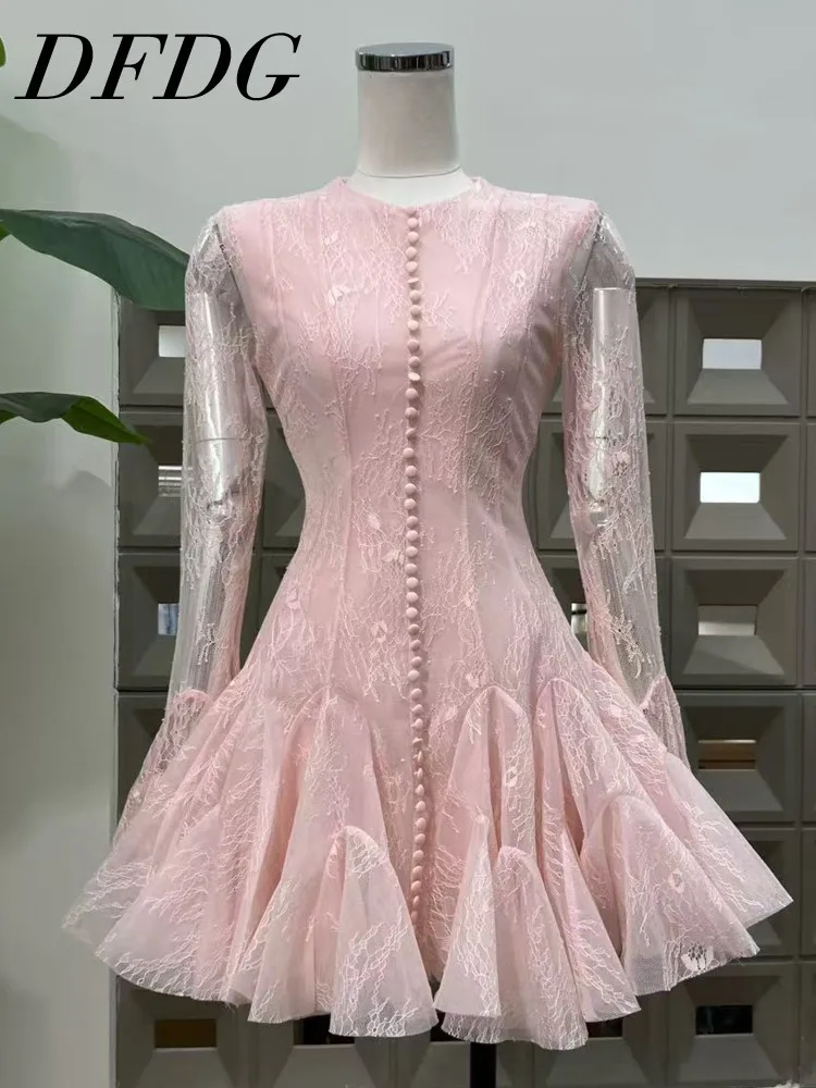 DFDG 2025 Spring Summer Women’s Lace Cutout Bodycon Dress Vintage Waist Tie Dress Trumpet Sleeve Breathable Button Party Dress