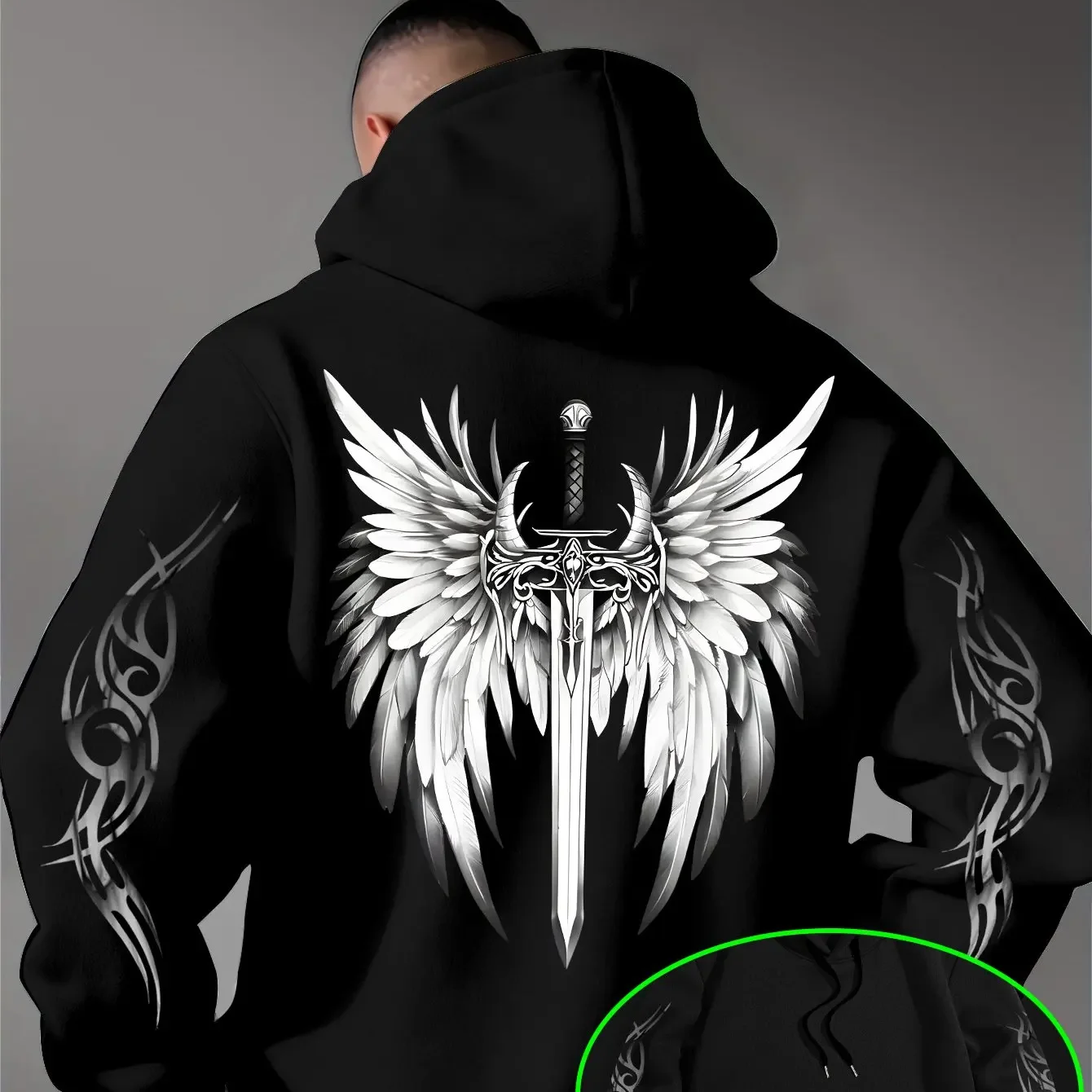 Men's Gothic Hoodie Winged Sword Skull Tribal Tattoo Graphic Back Sleeve Print Oversized Pullover Sweatshirt Streetwear