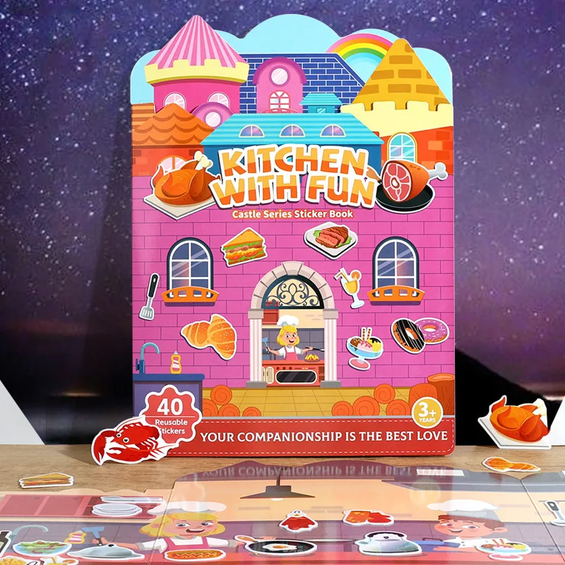 New Reusable Sticker Book for Kids - Cartoon Animal Vehicle Themed Busy Toy Gift for Educational Fun Animal Kitchen Jelly Sticke