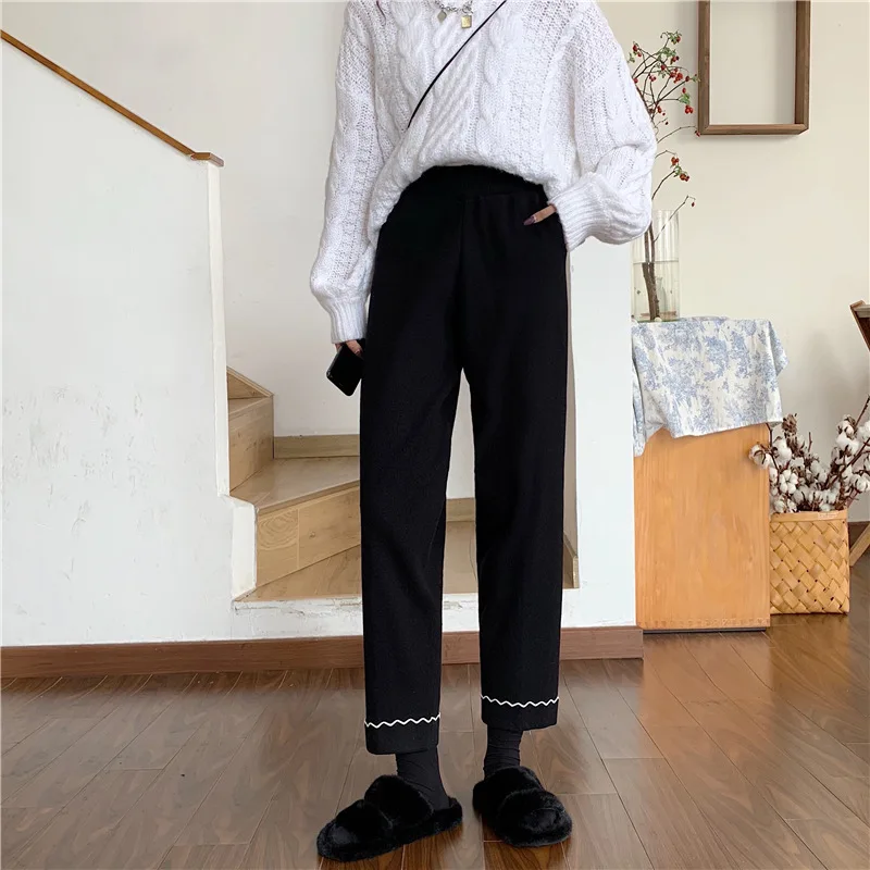 2024 Spring Autumn New Women Slim Fitting Knitted Casual Pants Black High Waist Cropped Pants Trendy Street Korean Pencil Pants