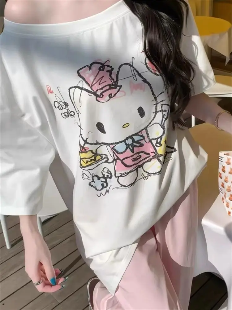 

Hello Kitty Women's Pure Cotton Off-Shoulder T-Shirt Y2K Sweet & Sexy Slash Neck Loose Fit Summer Fashion Tee