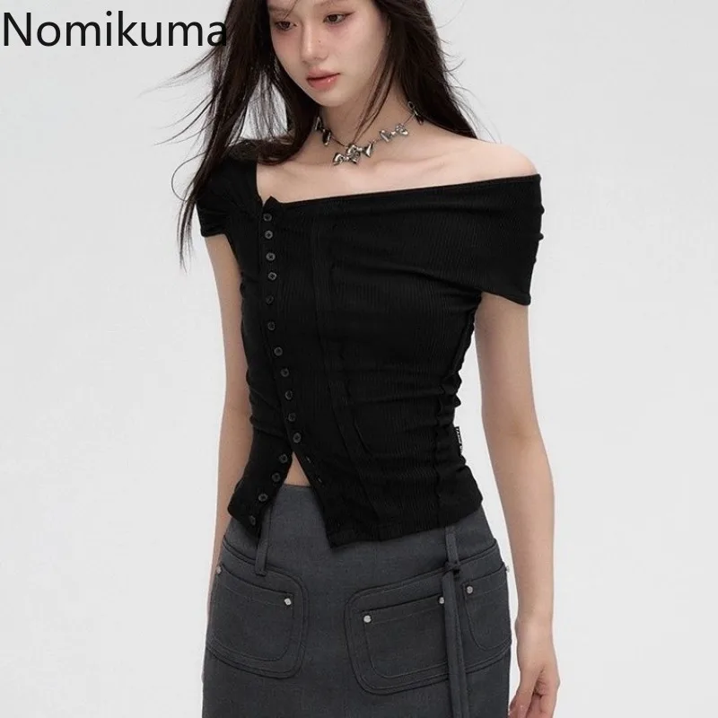 2024 Ropa Mujer Tshirts Women Slash Neck Short Sleeve Tees Crop Tops Fashion Summer T Shirts Single Breasted Black Y2k T-shirt