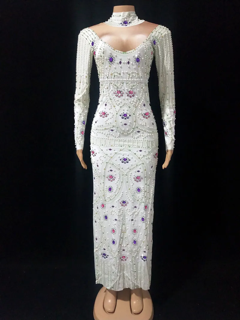 キラキラパールラインストーンスリットロングドレス女性のセクシーなステージ祝うウエディングドレスパーティー誕生日ドレスパフォーマンス写真撮影着用