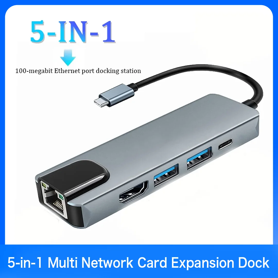 4K HDMI‑Compatible 5‑in‑1 USB C Hub USB 3.1 Adapter RJ45 SD/TF Card Reader PD Fast Charge for MacBook Laptop PC
