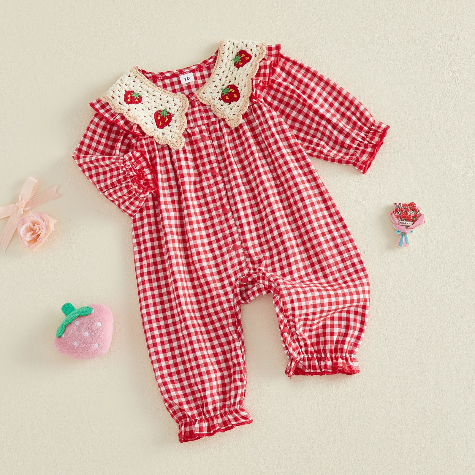 Baby Girl Red Checkered Romper Long Sleeve Ruffle Cuff Overalls Comfy Knit Collar Strawberry Jumpsuit for Photoshoot Baby Gift
