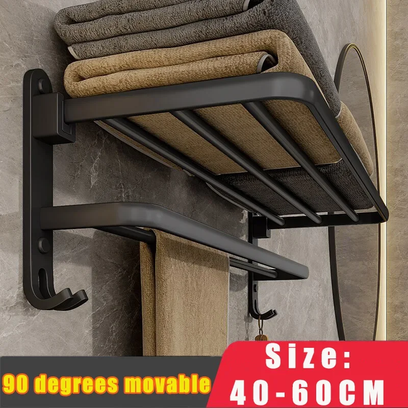 40/50/60CM Matte Black 50CM Folding Holder With Hook Towel Holder Wall Mount AluminumTowel Rack Double layer/single layer