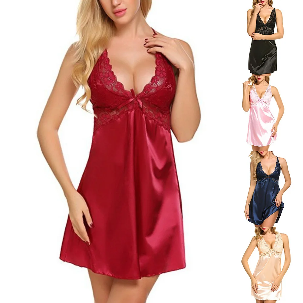 New Women's Sexy Back Cross Strap Sleeping Skirt Hot Lingerie Sleepwear Lace Dress Mesh Sleepwear V Neck Silk Nightdress Sling
