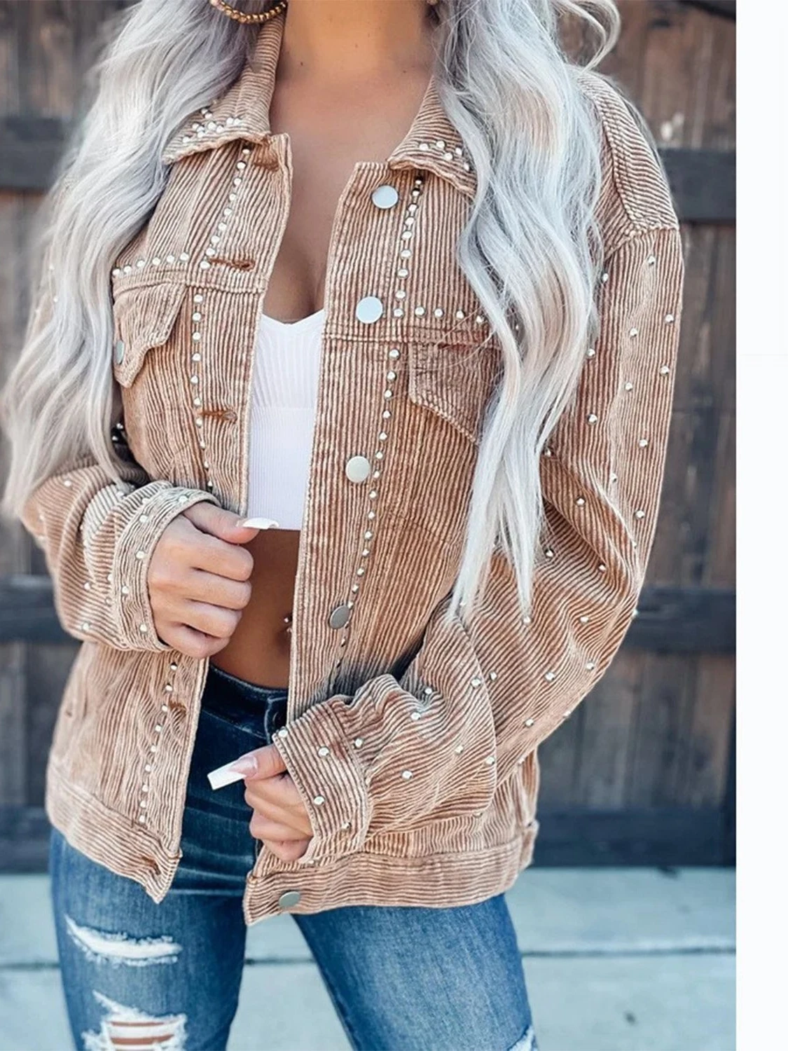 

Faionable ort Casual Long Sve Women's Jaet Autumn Winter Polyester Material Rivet Detail Striped Pattern Ladies Coat