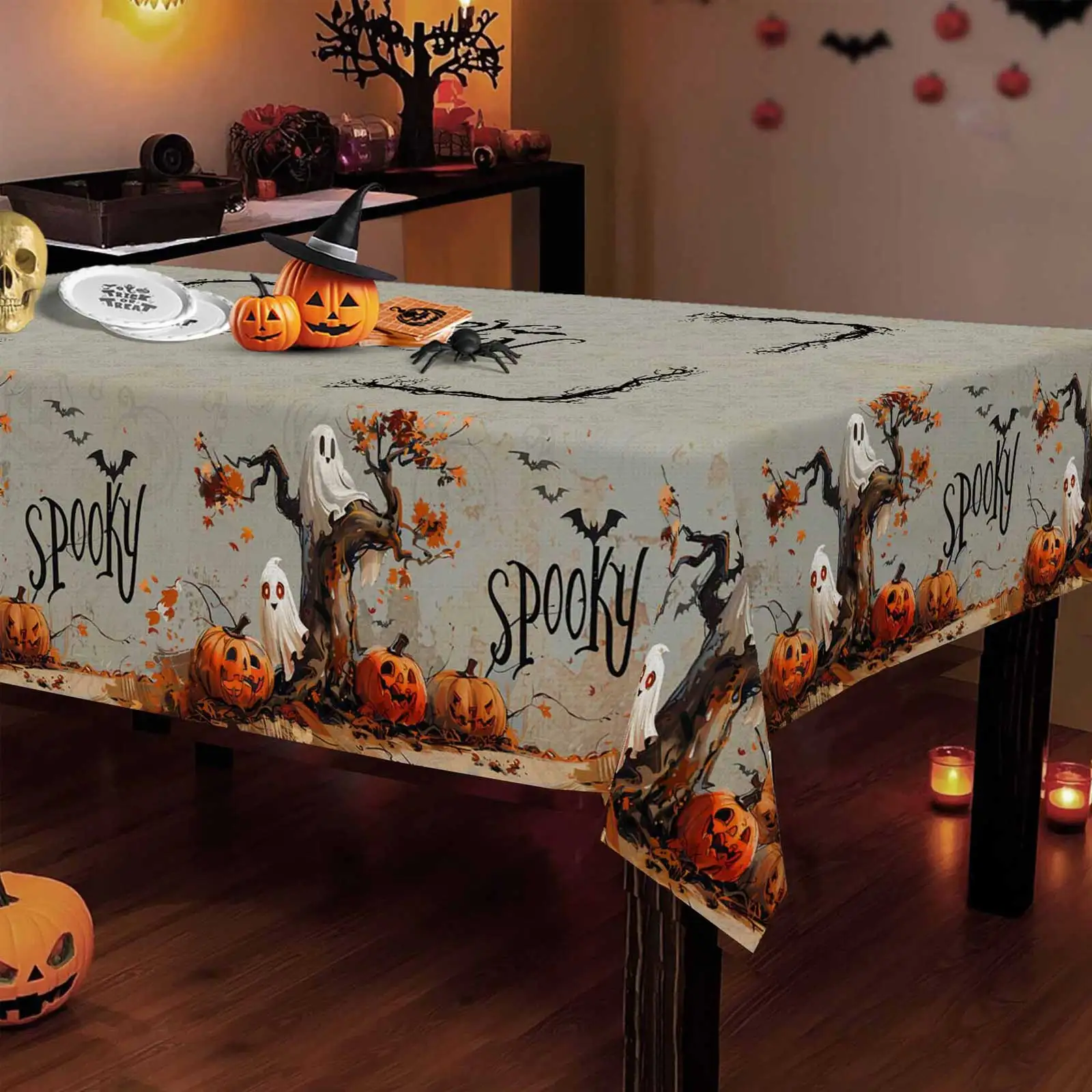 Halloween Tablecloth Rectangular Pumpkin Spider Cobweb Seasonal Washable Table Cover for Party Picnic Dinner Decor