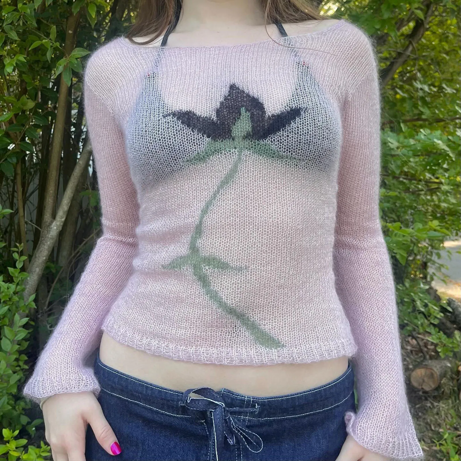 Aesthetic See Through Sweater Tees Flower Long Sleeve Knitted Crop Tops 00s Vintage Y2k Gyaru Crop Tops Jumpers Cottage Clothes