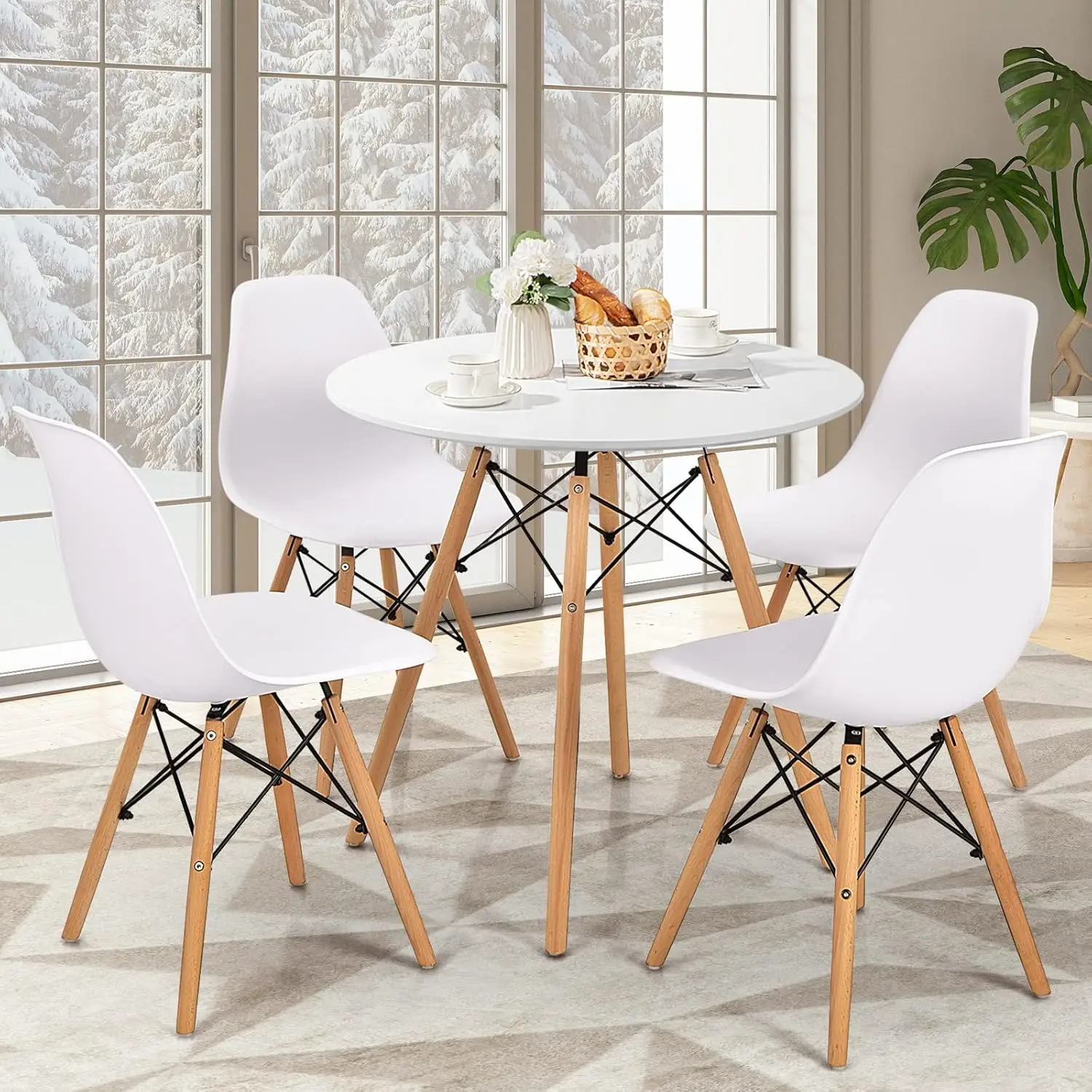 31.5" Round Dining Table Kitchen Table White Dining Table with White desktop and Solid wood legs .Modern Style Coffee Table