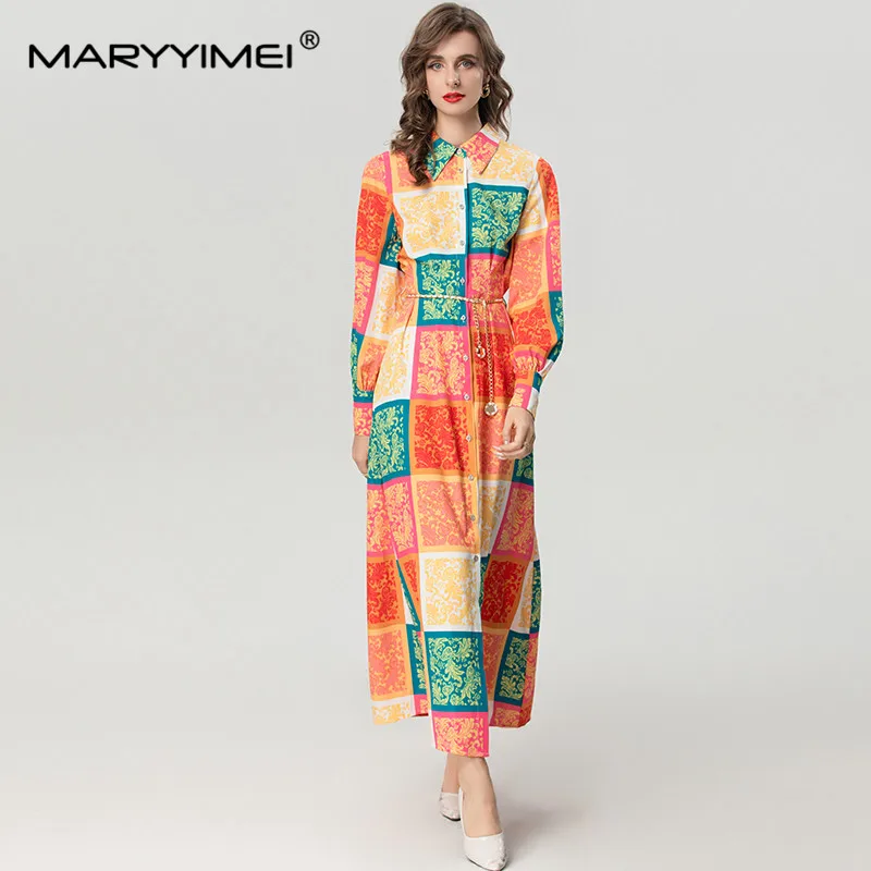 

MARYYIMEI Autumn Women's Indie Folk style Dress Turn-Down Collar Single-Breasted Print Lace-Up Elegant Party Dresses