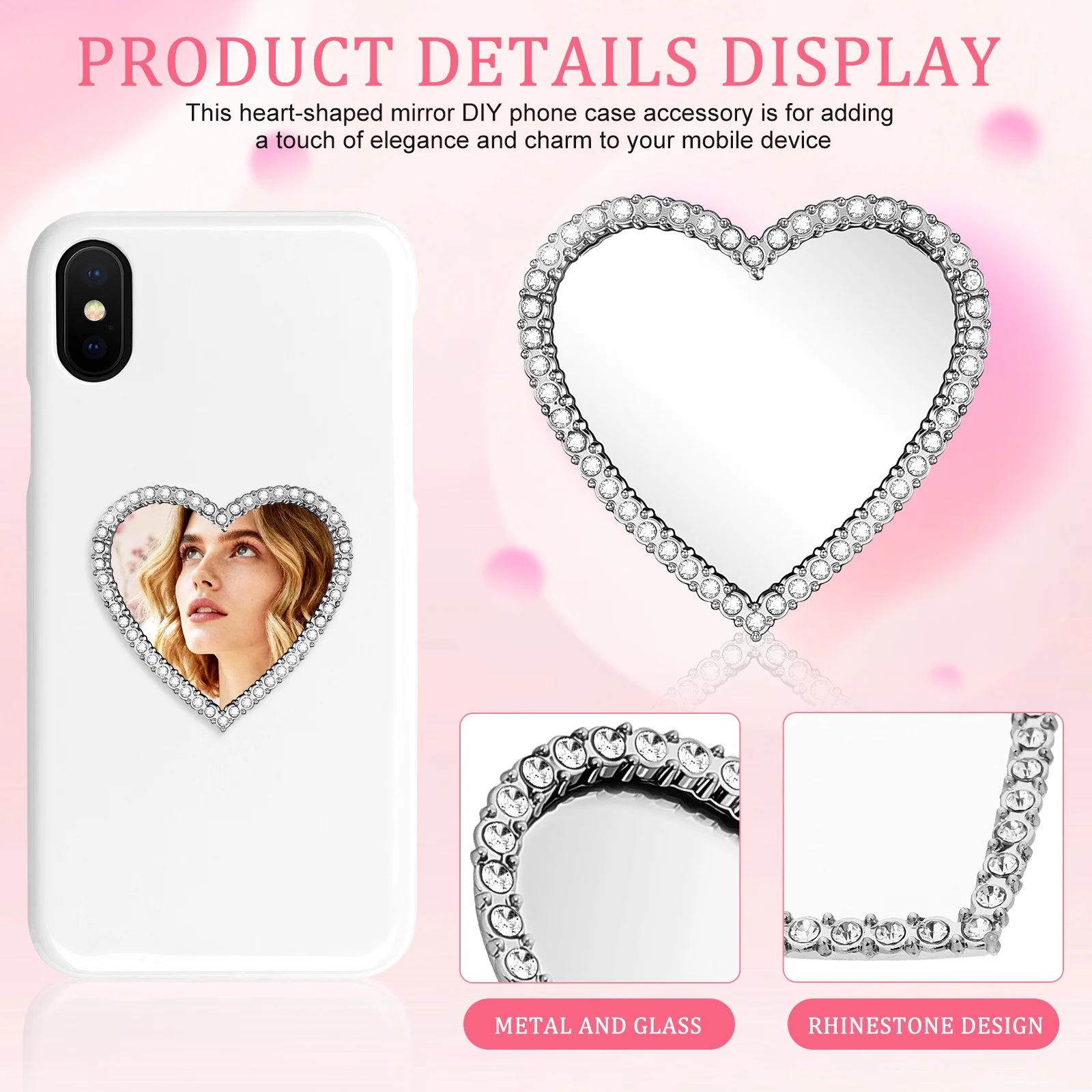 6Pcs Heart Mirror Phone Case Rhinestone Stick-on DIY Phone Charm Portable Makeup Mirror Pocket Size Handheld Vanity Accessories