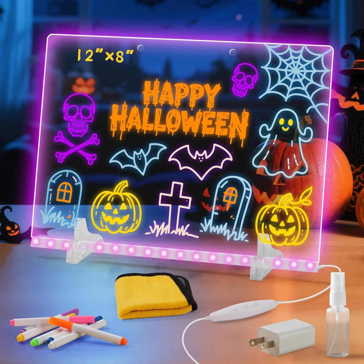 GMOX Glowing Acrylic Writing Board Rewritable Childrens Doodle Pad No Mess LED Night Light Memo Message Desk Decor