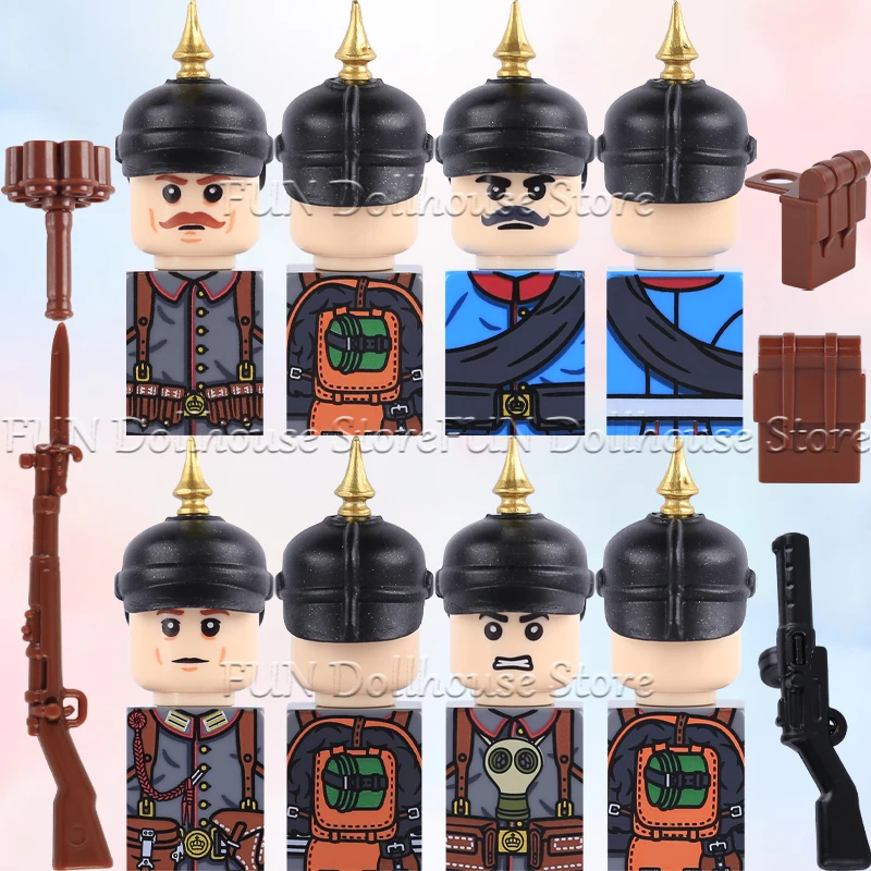 

WW1 Military Army German Infantry Building Block Prussian Soldier Figures Weapons Accessories Officer Cap Gun Grenade Bricks Toy