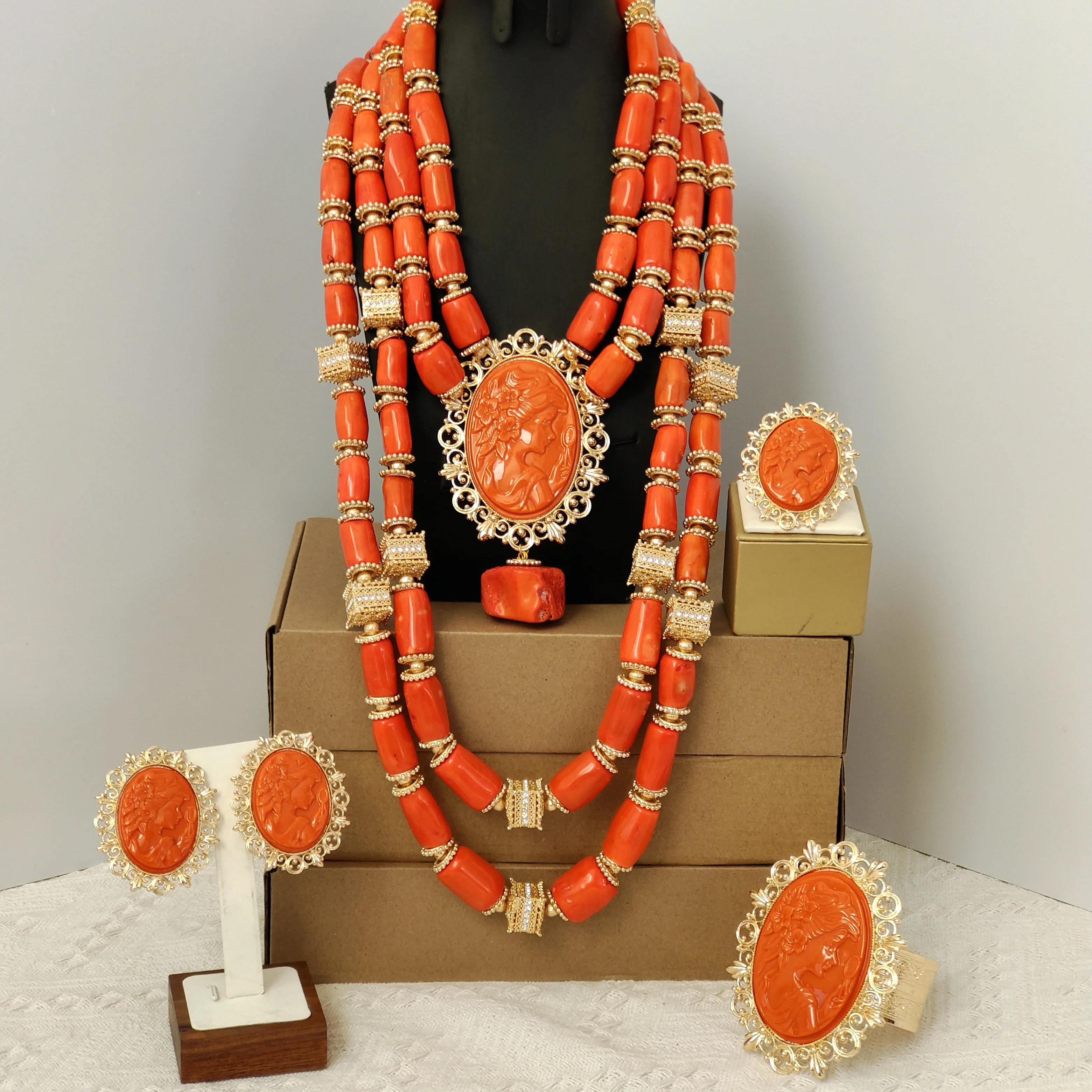 

nigerian wedding original orange coral beads african jewelry sets