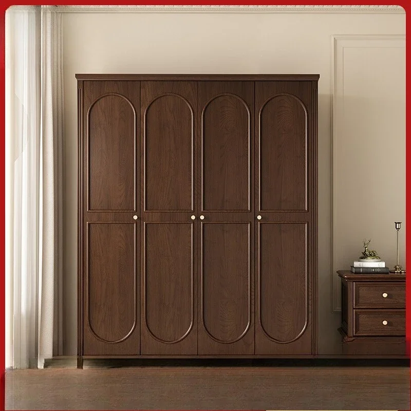 

Solid wood retro wardrobe custom French bedroom storage 4 door large wardrobe walnut