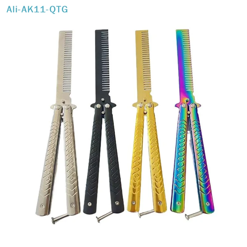 1Pc Stainless Steel Practice Training Butterfly Knife Comb Beard Moustache Brushe Salon Hairdressing Styling Tool Foldable Comb