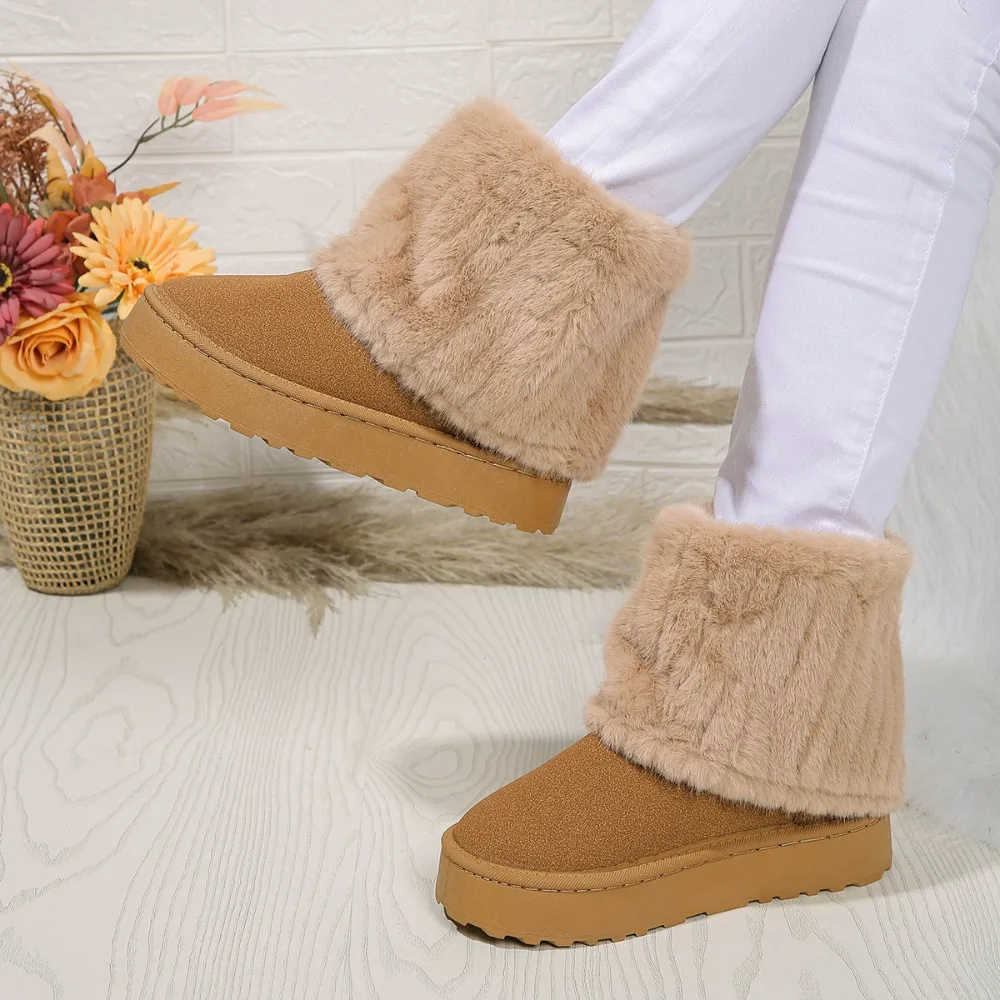 Mode Frauen Runde Kappe Warme Verdickte Plüsch Winter Beige Mid-kalb Stiefel Dicke Sohle Casual Bequeme frauen Schnee stiefel