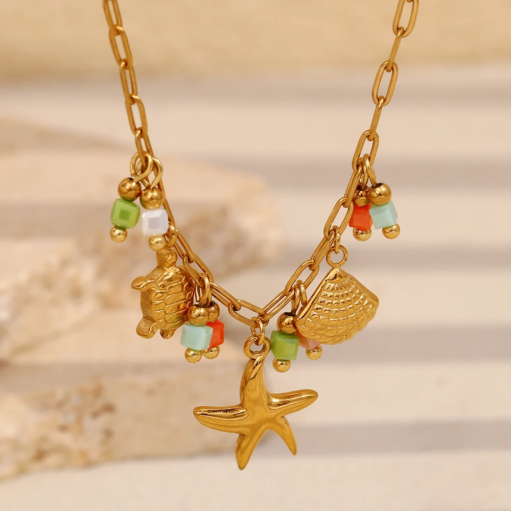 E.B.belle 18k Gold Plated Starfish Shell Sea Turtle Ocean Pendant Necklace Stainless Steel Waterproof Fashion Women Jewelry