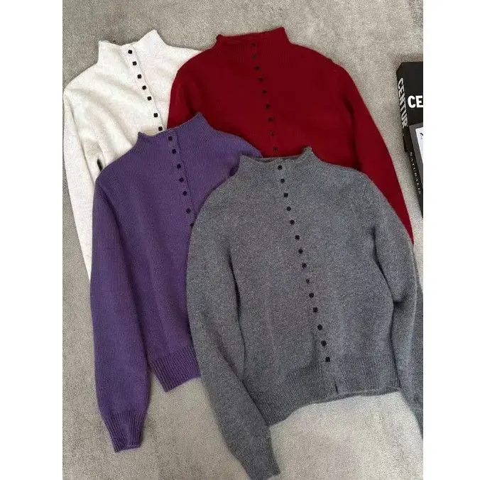 Button Front Mock Neck Knit Cardigan For Women Solid Color Slim Soft Long Sleeve Knit Top