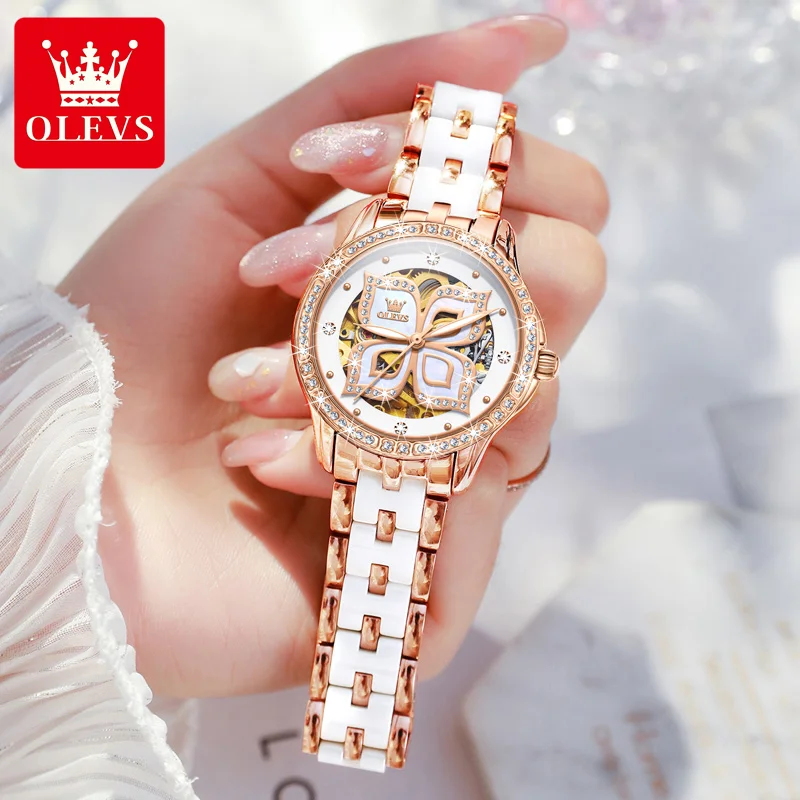 OLEVS 6612 Original Automatic Mechanical Watches for Women Elegant Ceramic Strap Hollow Four Leaf Clover Design Women Wristwatch