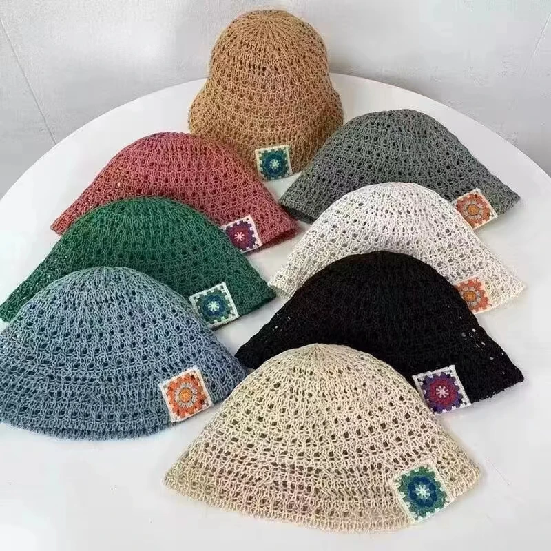 Knitted Floral Bucket Hats For Women Spring Summer Travel Sunshade Hat Female Crochet Fishermen Cap Outdoor Basin Cap Gorros