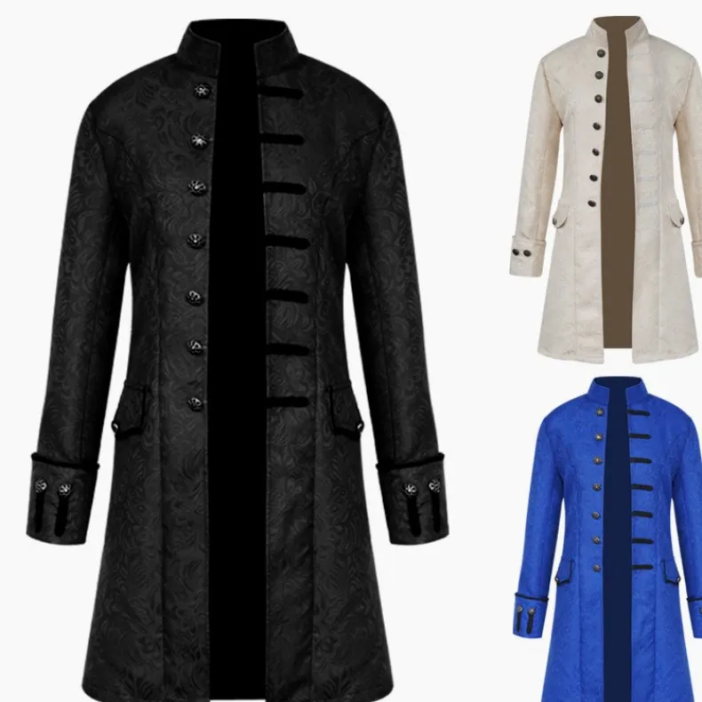 Men's Medieval Long Jaet Coat Stand Collar Retro Sle Outerwear Faionable Ethnic Clothing Stage Performance Wear