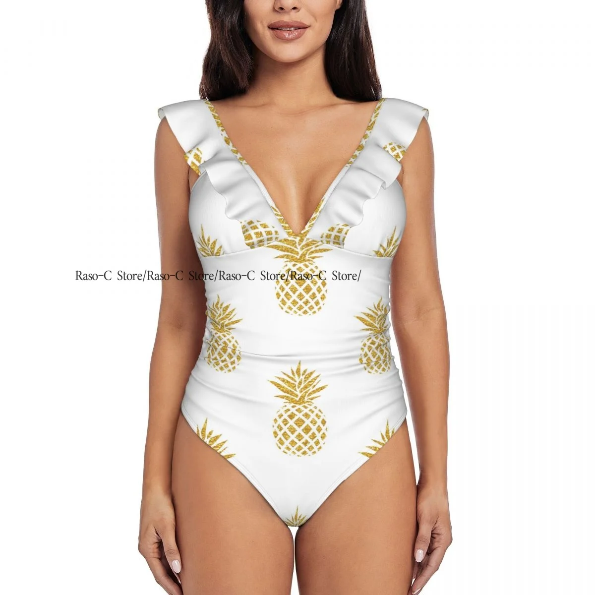 Sexy One Piece Swimsuit Push Up Swimwear Gold Pineapple Pattern Women Ruffle Monokini Swimsuit Bodysuit Bathing Suit