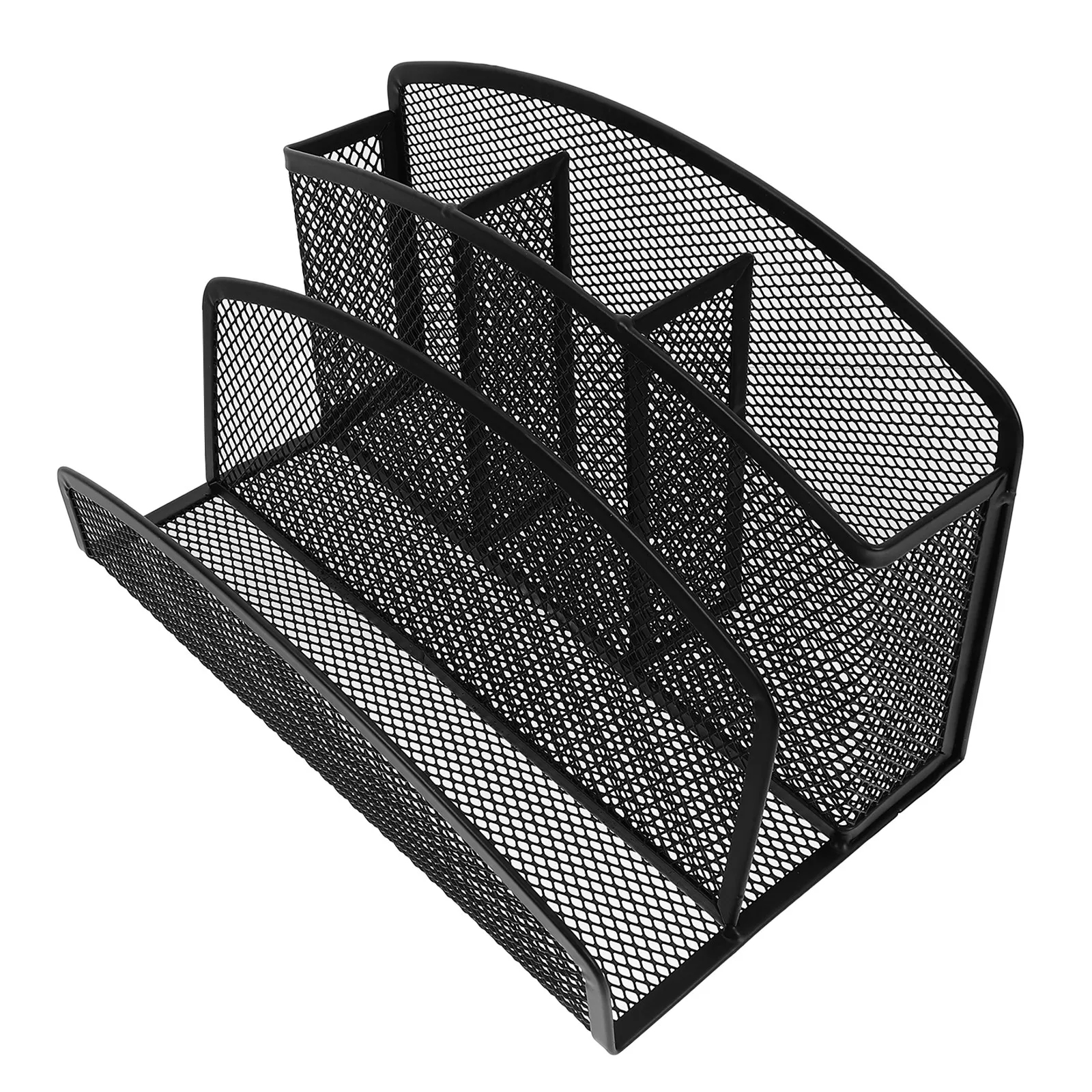 Black Iron Mesh Desk Organizer Two Sections Three Pen Holders for Mail Envelopes Business Cards Notebooks Desktop File Organizer
