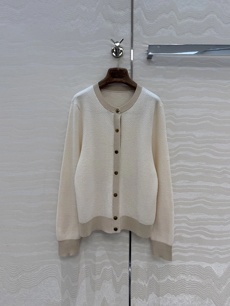 Spring Summer Fashion Beige Wool Knitting Elegant Long Skirt Women's O-Neck Long Sleeve Cardigan + Elastic Waist Big Swing Skirt
