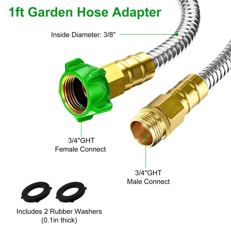 1ft No- Garden Hose Extension Heavy Duty Stainless Steel Non-Kink Water Hose for Patio Deck Watering Use
