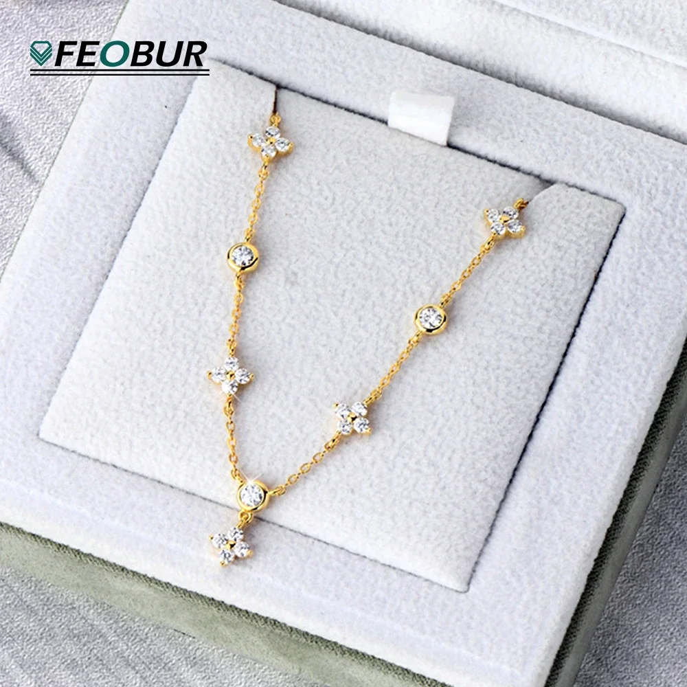 FEOBUR 1.8ct Moissanite Necklace Four-leaf Clover Pendant Jewelry Set for Women 925 Sterling Silver Chain Bracelet Birthday Gift