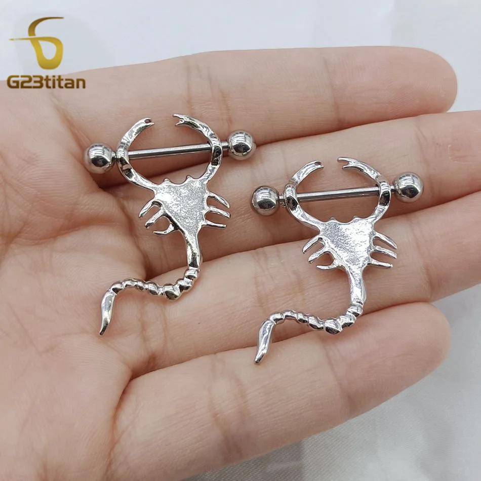 G23Titan 2pcs Crystal Scorpion Nipple Ring 14G Stainless Steel or Titanium Barbell Nipple Piercing For Women Sexy Beach Jewelry