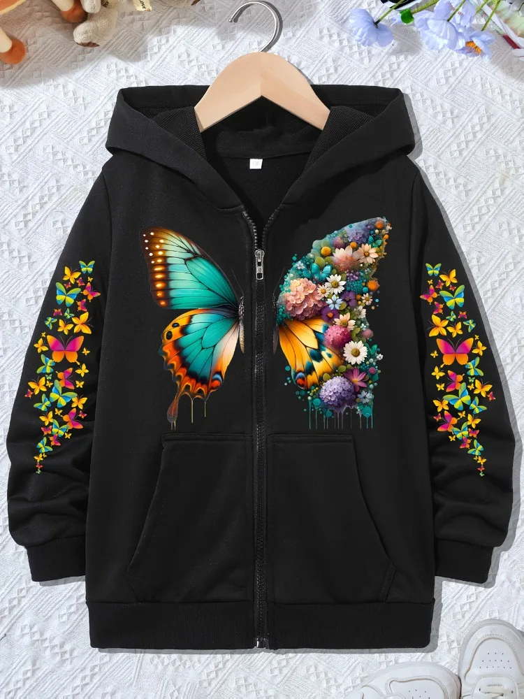 Butterfly and Flower Chest Patch with Sleeves Butterfly Unisex Hoodie Jacket Sweatshirt Skin-Friendly for Spring and Autumn