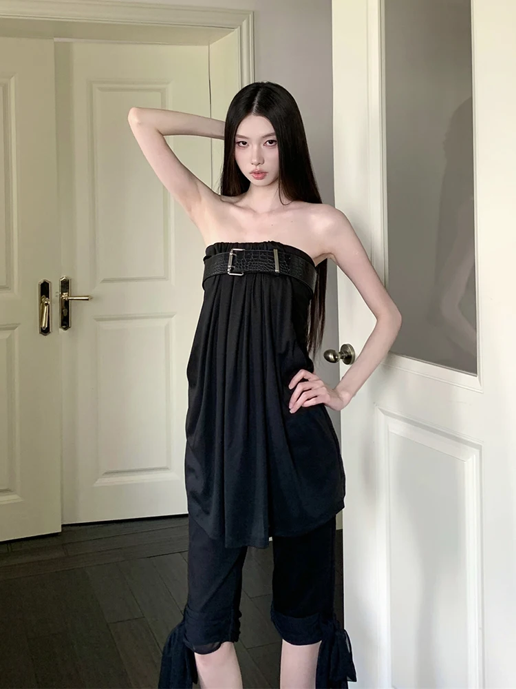 ReddaChic Belted Black Women Vintage Grunge Lyocell Off-shoulder Extra-long Loose Fit Draped Bandeau Top Moto Punk Streetwear