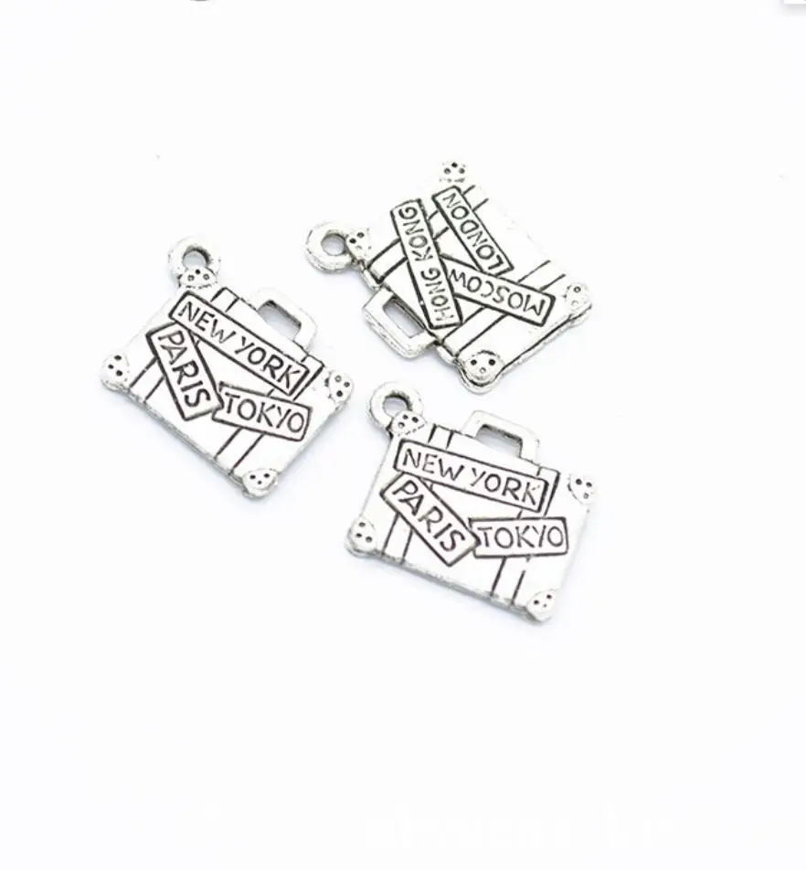 150pcs Charms Travel Bags New York Paris Tokyo 17x13mm Tibetan Silver Color Pendants Antique Jewelry Making DIY Handmade F0248
